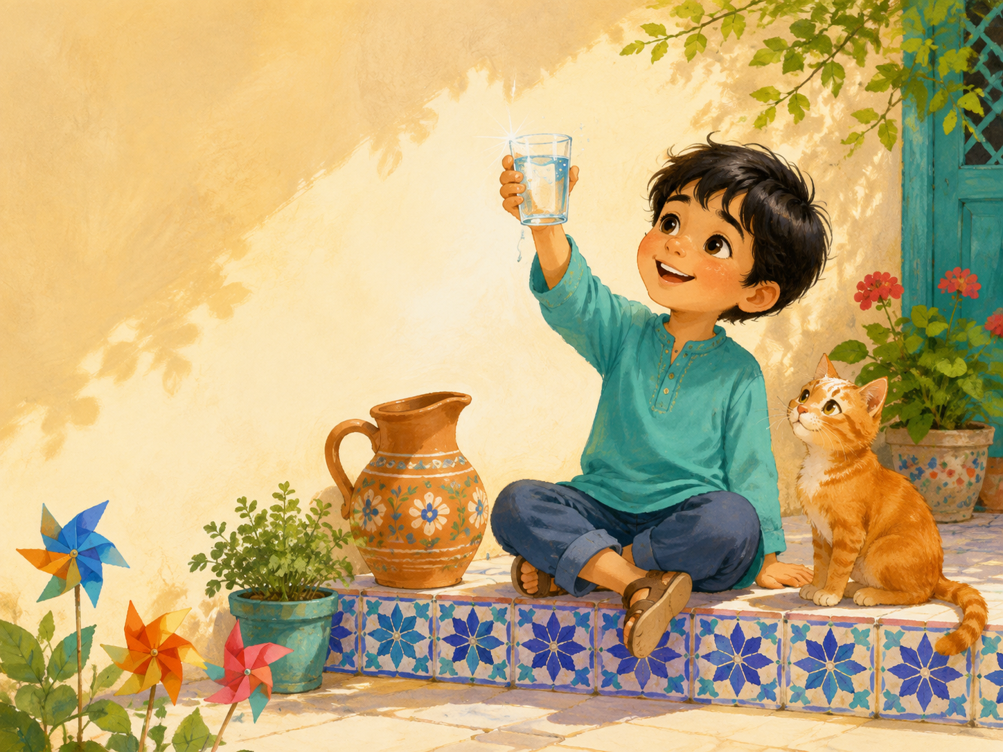 کودکی شاد کنار پارچ سفالی، لیوان آب خنک و گربه‌ای بازیگوش در حیاط خانه