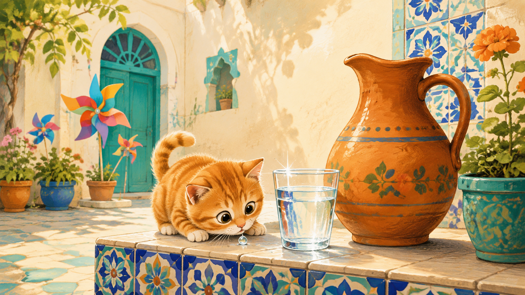 گربه‌ای بازیگوش کنار یک لیوان آب خنک و پارچ سفالی در حیاط