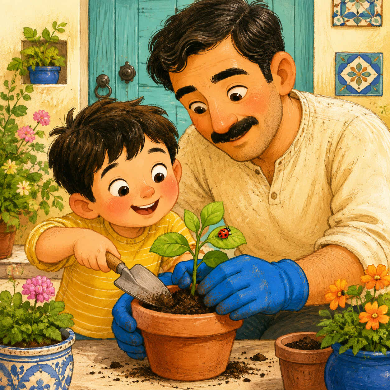 بابا و کودک در حال کاشتن نهال در باغ