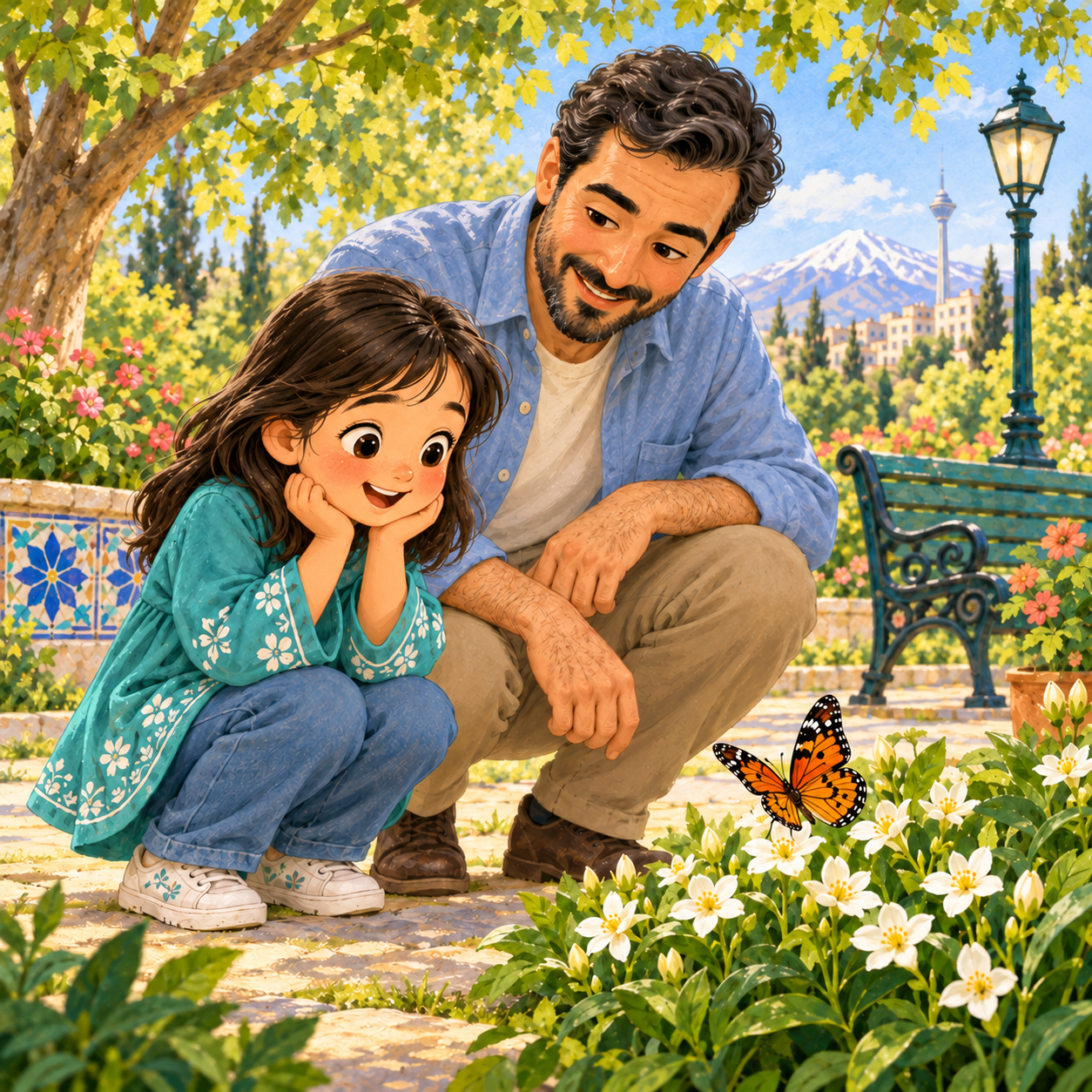 پری و پدر در حال تماشای پروانه